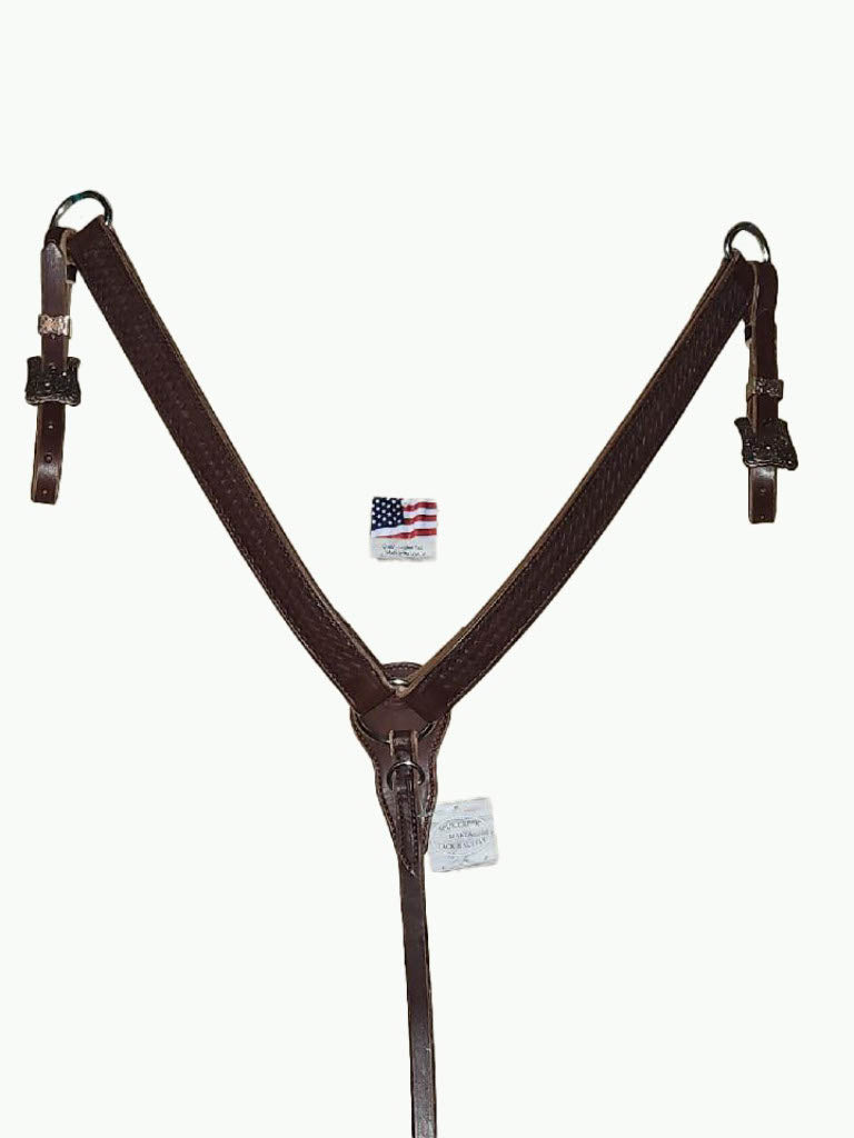 BC222-4_Breast Collar Cheyenne Copper Plated Square Buckle With Keeper on Basket Stamp Chocolate Leather