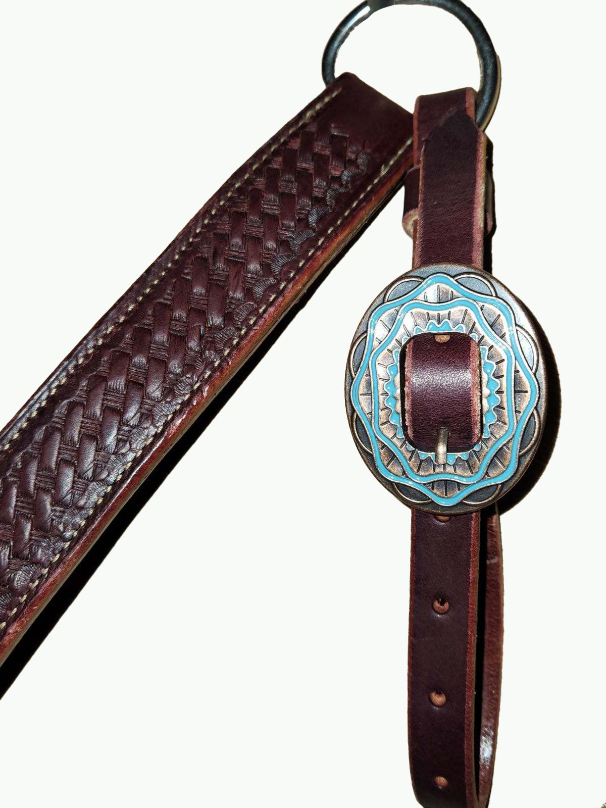 BC232-2_Breast Collar Aztec Buckle Copper Plated Oval Buckle With Turquoise Color Inlay on Basket Stamp Chestnut Leather