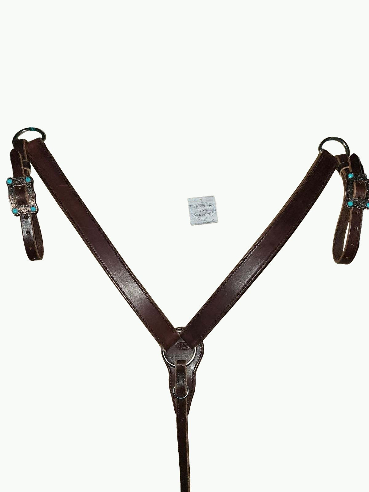 BC230-3_Breast Collar Large Copper Plated Buckle With Turquoise Color Accent Stones on Plain Chocolate Leather