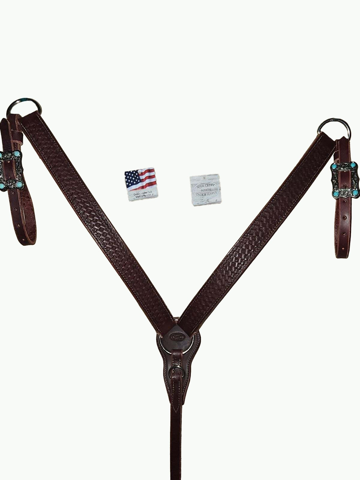 BC229-2_Breast Collar Large Nickle Plated Buckle With Turquoise Color Accent Stones on Basket Stamp Chestnut Leather