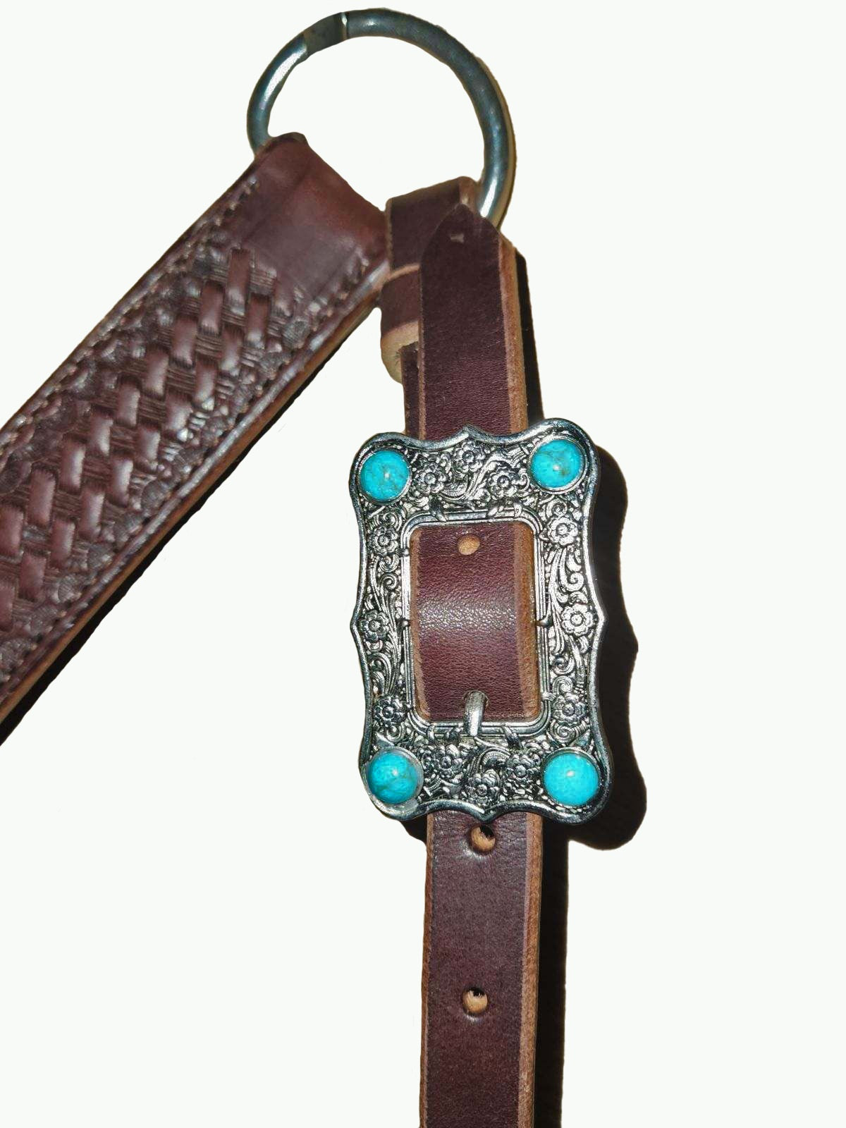 BC229-4_Breast Collar Large Nickle Plated Buckle With Turquoise Color Accent Stones on Basket Stamp Chocolate Leather