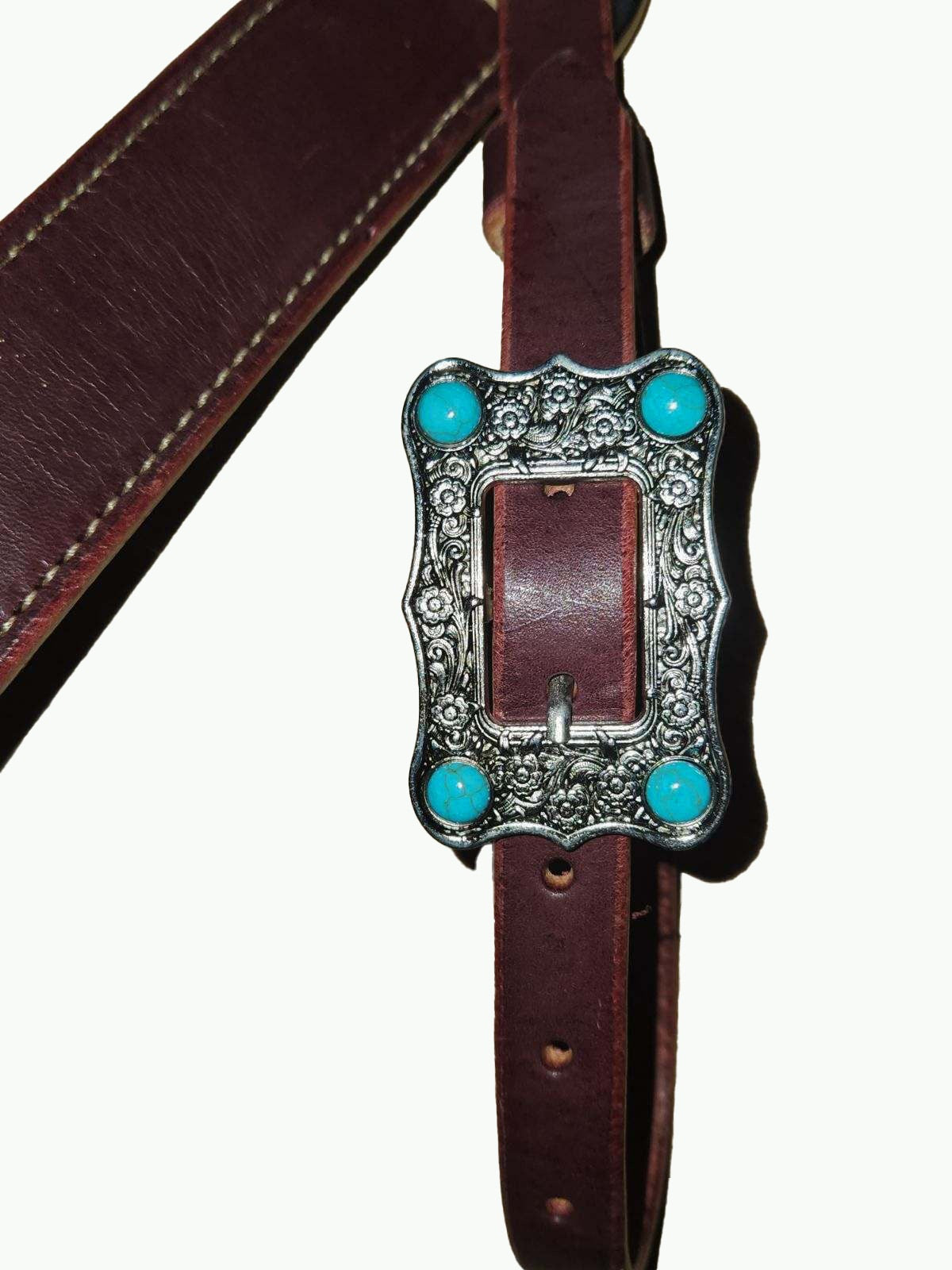 BC229-1_Breast Collar Large Nickle Plated Buckle With Turquoise Color Accent Stones on Plain Chestnut Leather