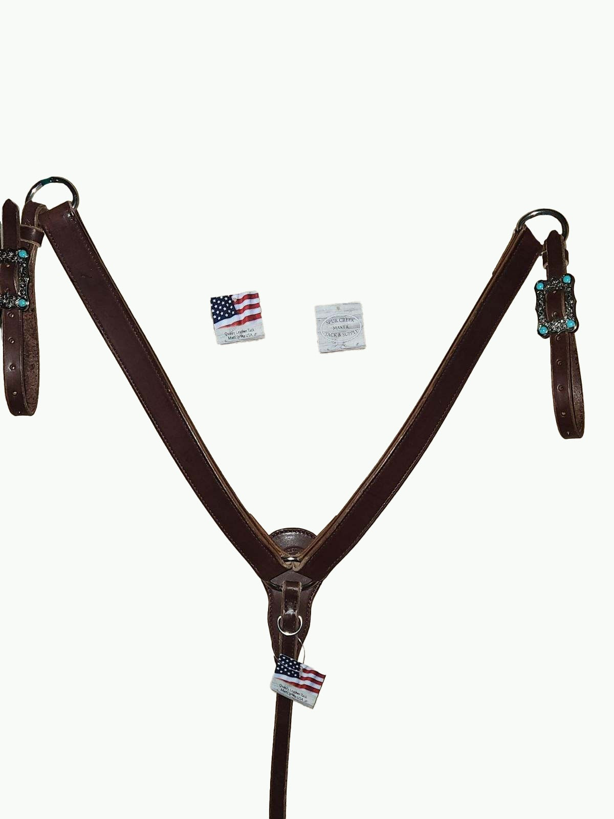 BC229-3_Breast Collar Large Nickle Plated Buckle With Turquoise Color Accent Stones on Plain Chocolate Leather