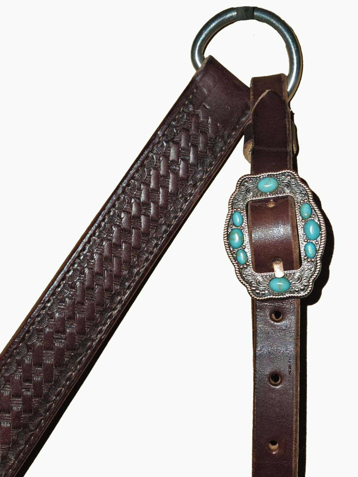 BC225-4_Breast Collar Navajo Rope Edge Copper Plated Buckle With Turquoise Color Accent Stones on Basket Stamp Chocolate Leather