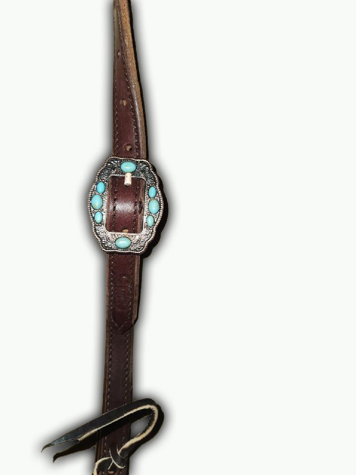 DB055-2_Double Buckle One Ear Headstalls Chocolate Leather Navajo Rope Edge Copper Plated Buckle with Turquoise Color Accent Stones