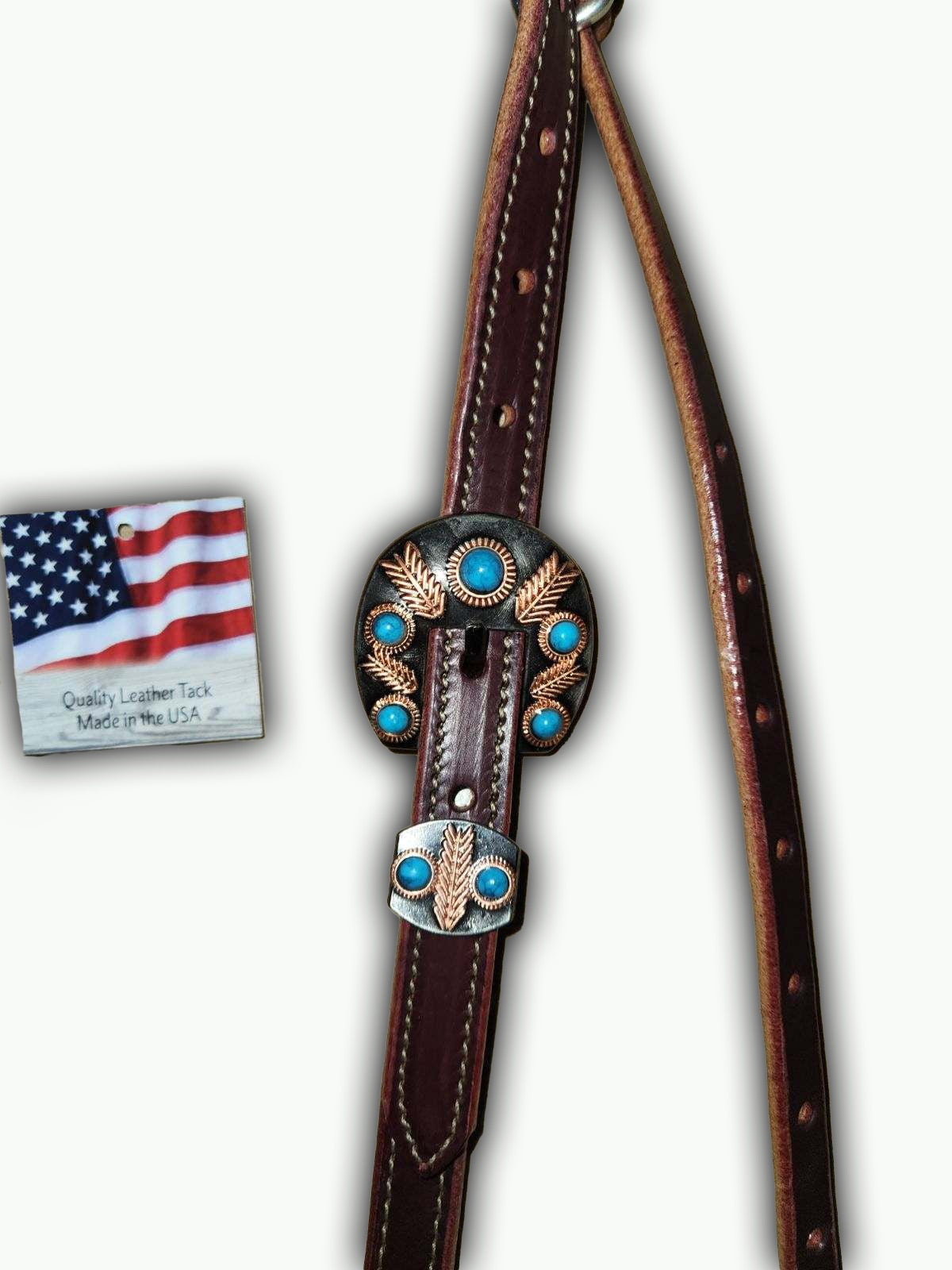 BB009-1 _Brow Band Headstall Chestnut Leather Headdress Pewter Color Buckle with Keeper with Copper Color and Turquoise Stone Accents