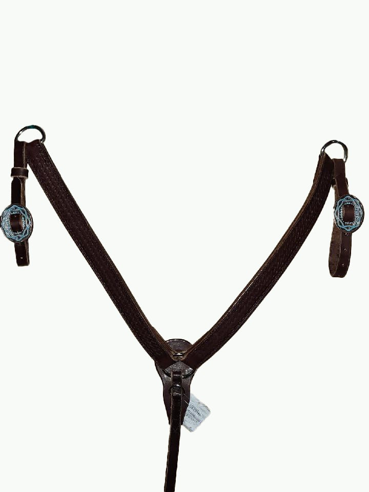 BC232-4_Breast Collar Aztec Buckle Copper Plated Oval Buckle With Turquoise Color Inlay on Basket Stamp Chocolate Leather