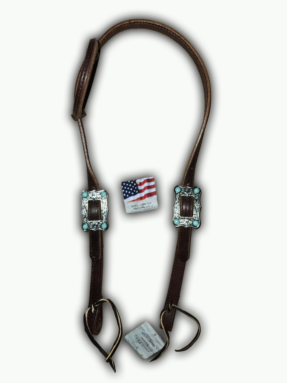 DB059-2_Double Buckle One Ear Headstalls Chocolate Leather Large Nickle Plated Buckle with Turquoise Color Accent Stones