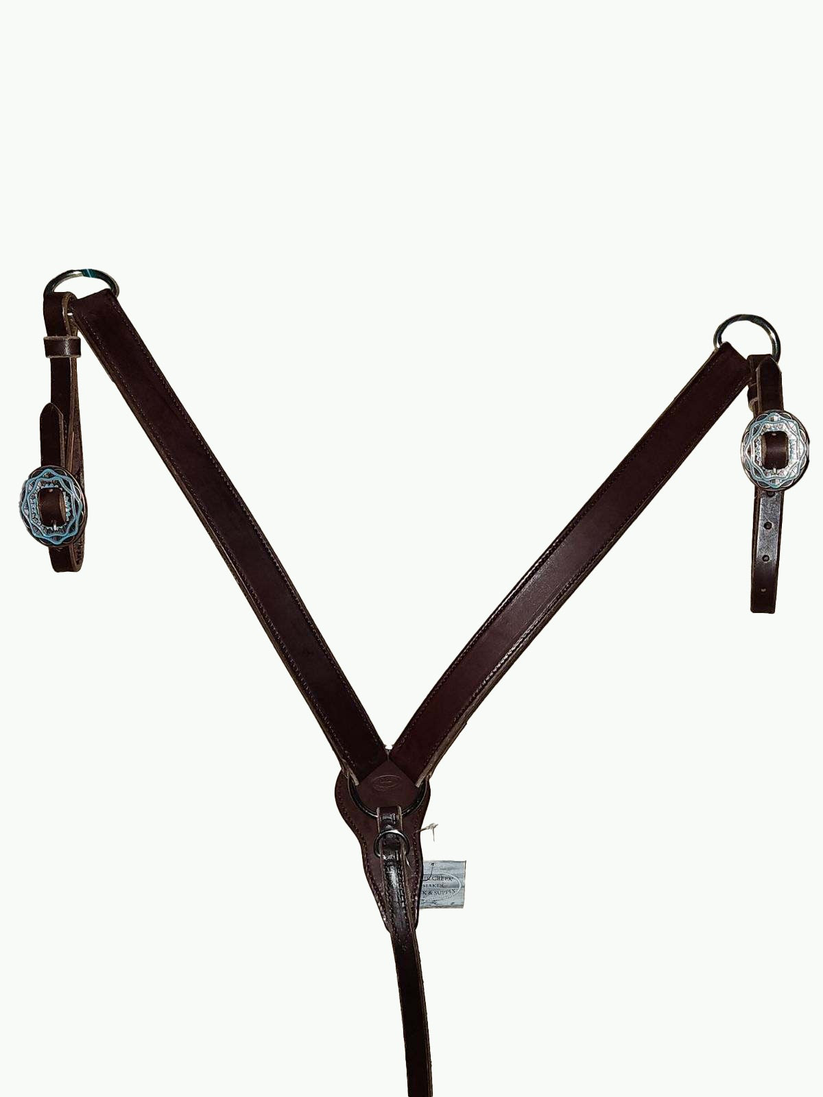 BC232-2_Breast Collar Aztec Buckle Copper Plated Oval Buckle With Turquoise Color Inlay on Plain Chocolate Leather