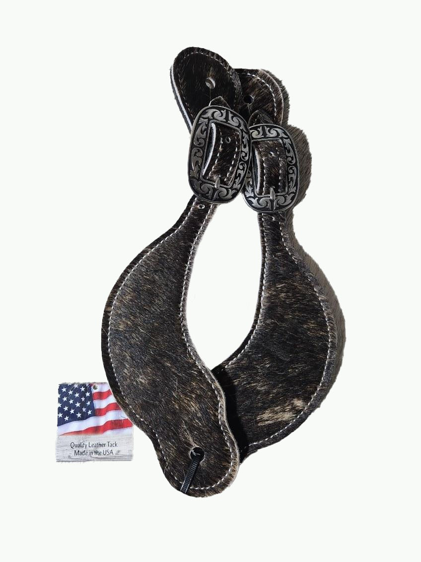 ST300-3_Brindle Hair On Hide Horse Shoe Brand Buckles Mens Spur Straps