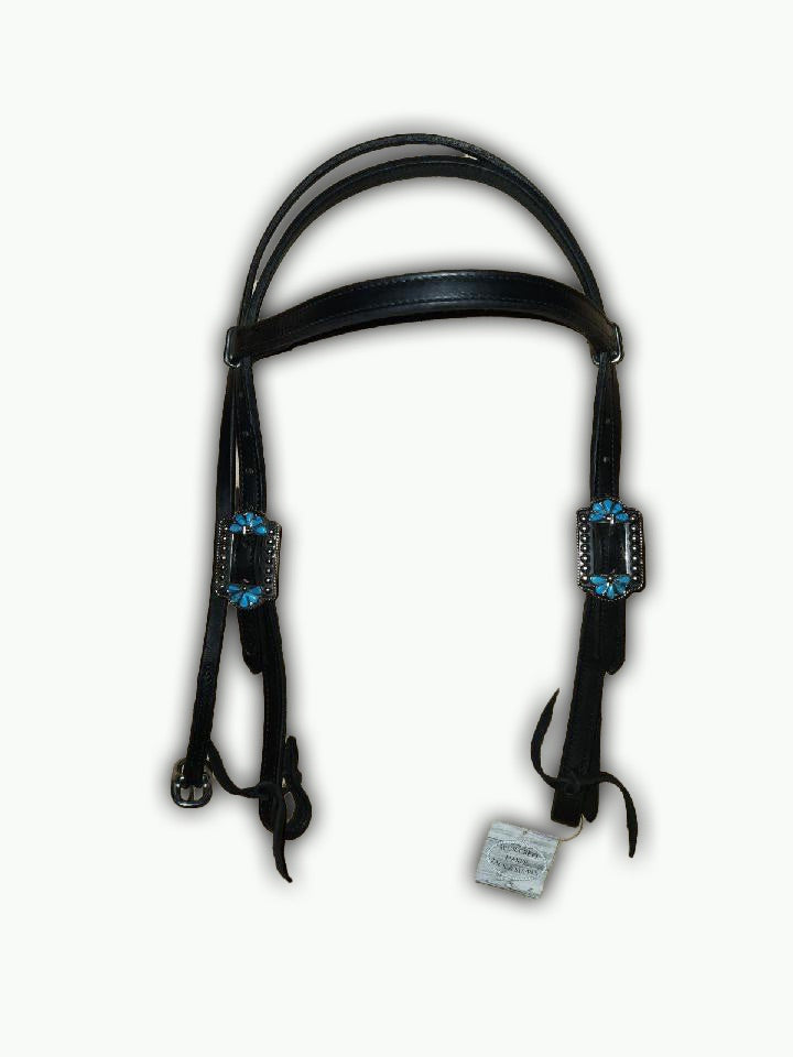 BB017_Brow Band Headstall Black Leather Turquoise Burst Buckle