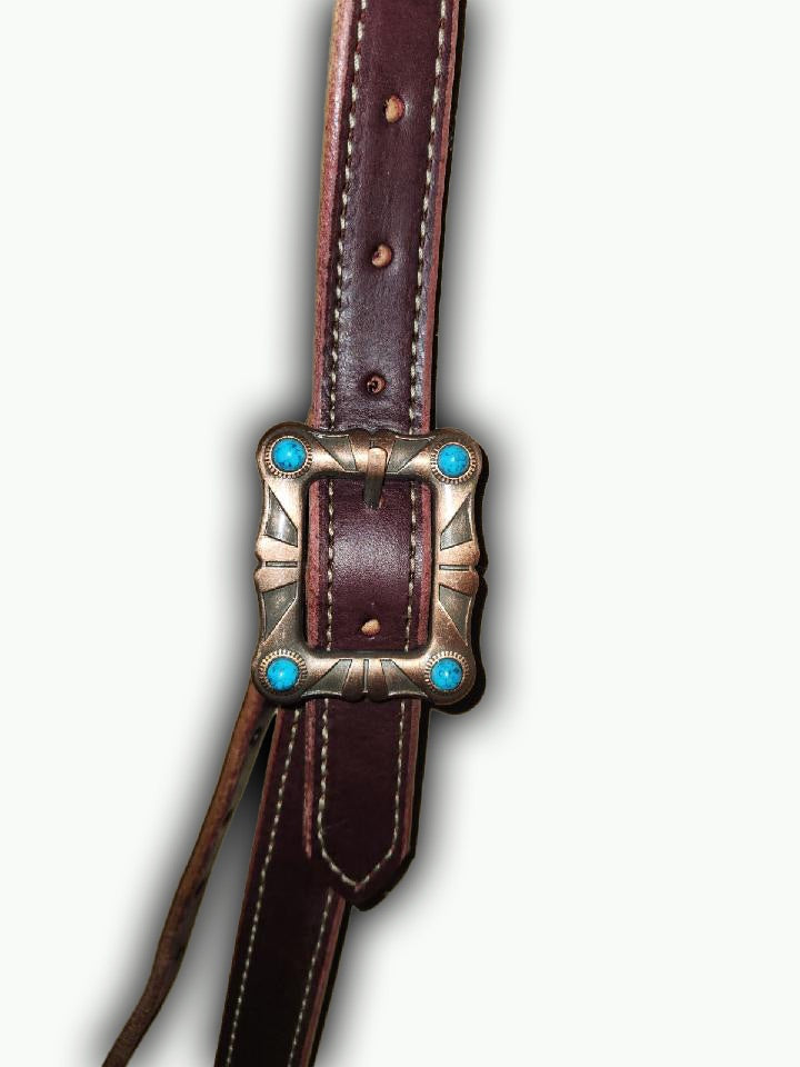 BB020-1_Brow Band Headstall Chestnut Leather 1 Inch Wide Mohave Copper Plated Buckle with Turquoise Color Stones