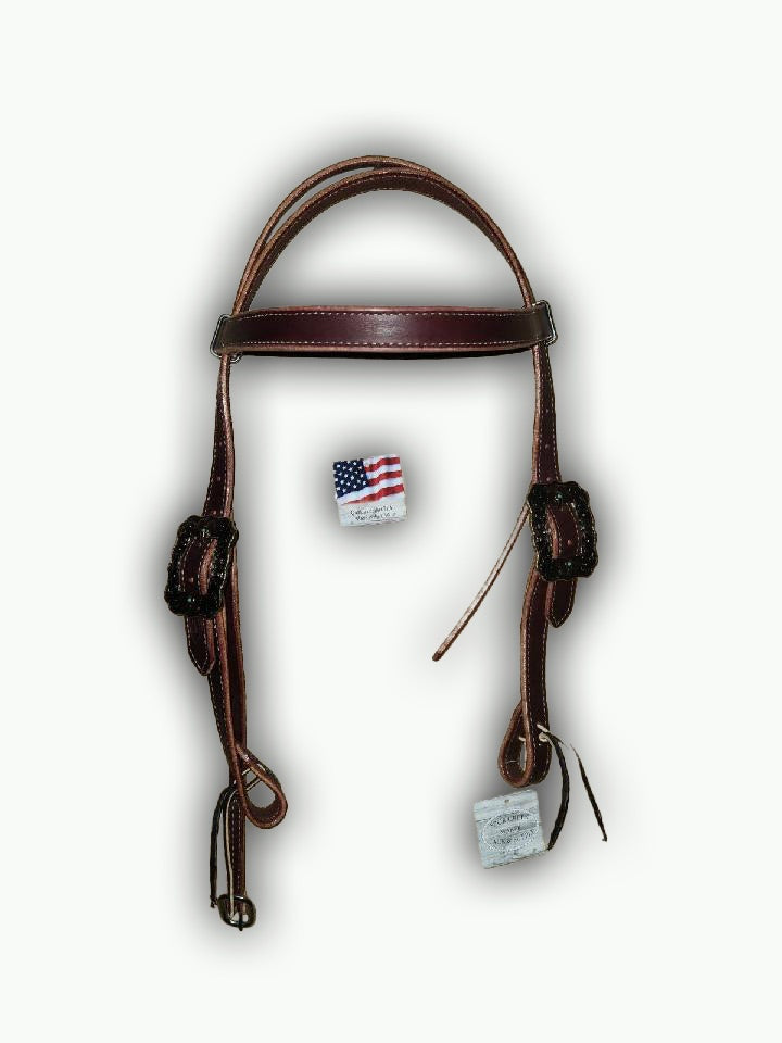 BB019-1_Brow Band Headstall Chestnut Leather 1 Inch Wide Western Rose Buckle with Gold Rope Edge and Copper Color Accents