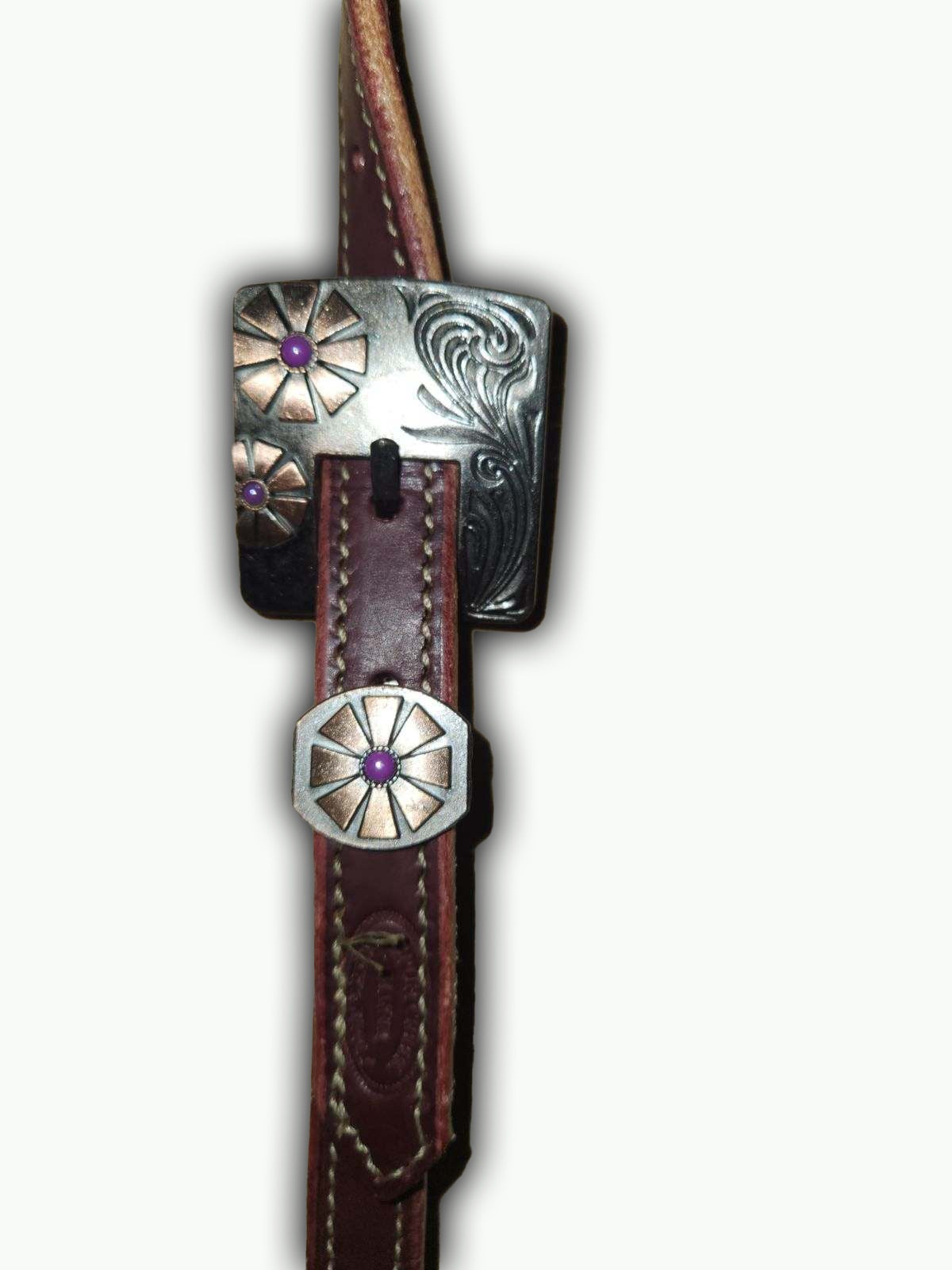 DB056-1_Double Buckle One Ear Headstalls Chestnut Leather Purple Daisy Square Buckle with Keeper with Purple Accent Stones