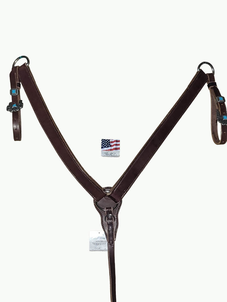 BC223-3_Breast Collar Durango Pewter Buckle With Keeper With Turquoise Accent Stones on Plain Chocolate Leather