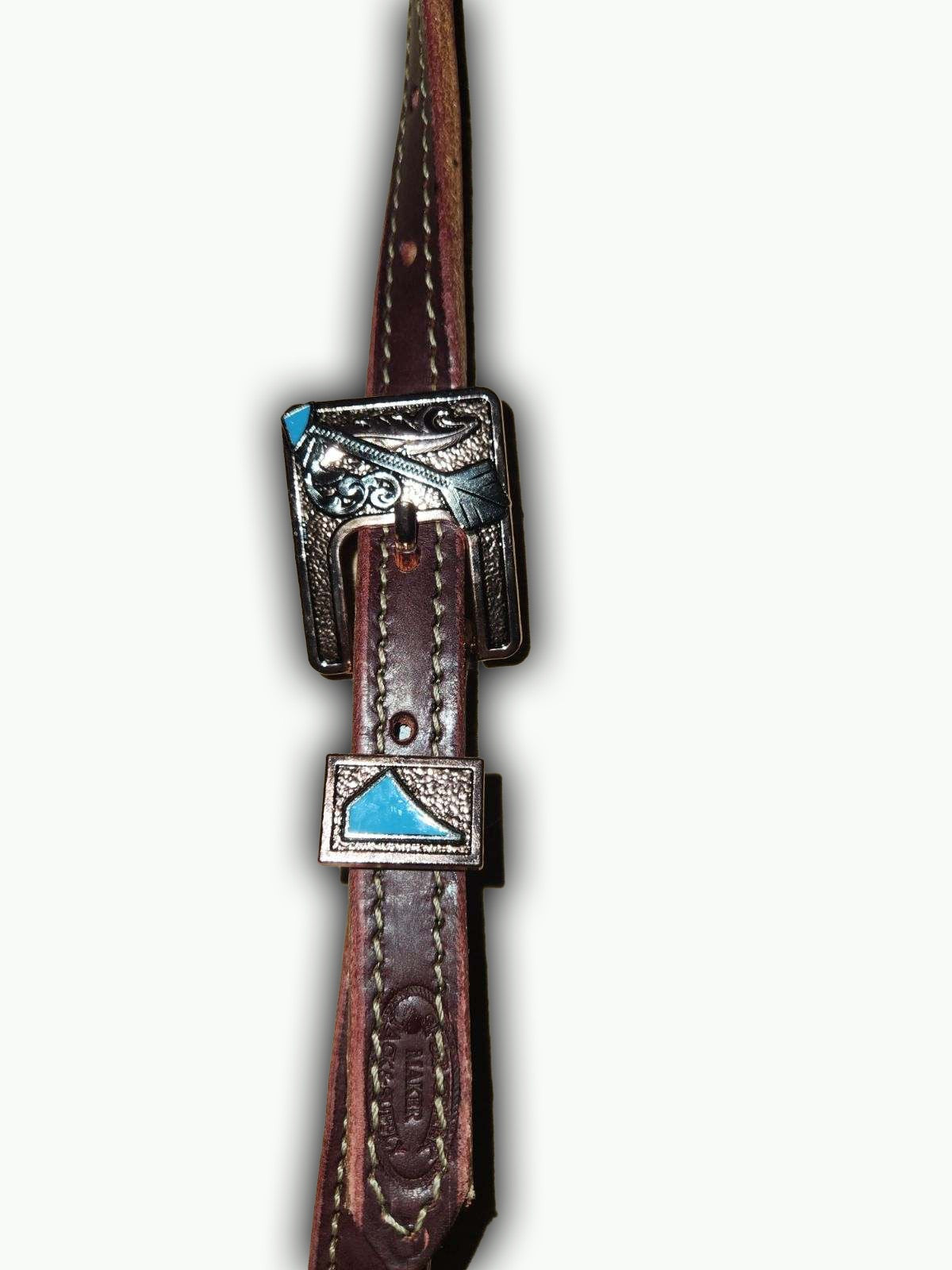 DB057-1_Double Buckle One Ear Headstalls Chestnut Leather Cherokee Copper Plated Arrow Buckle with Keeper with Turquoise Color Accents