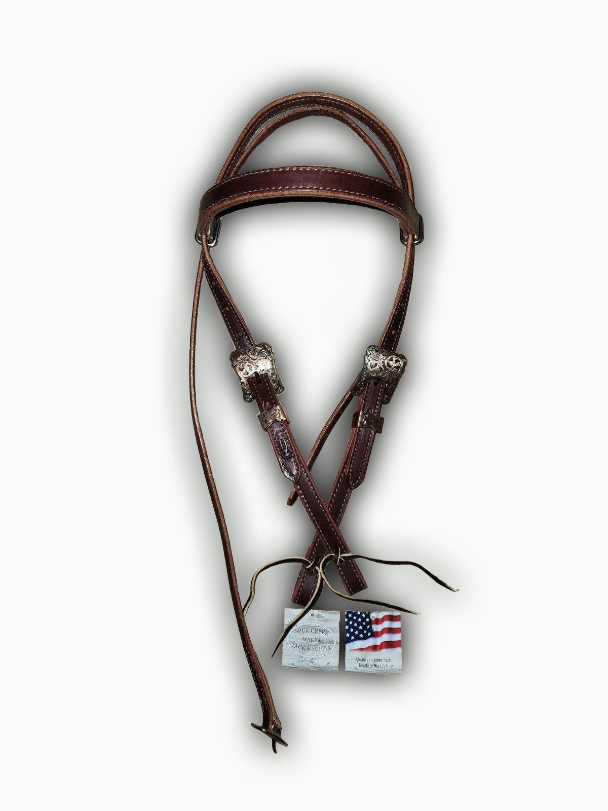 BB003-2_Brow Band Headstall Chestnut Leather Cheyenne Copper Accented Square Buckle with Keeper