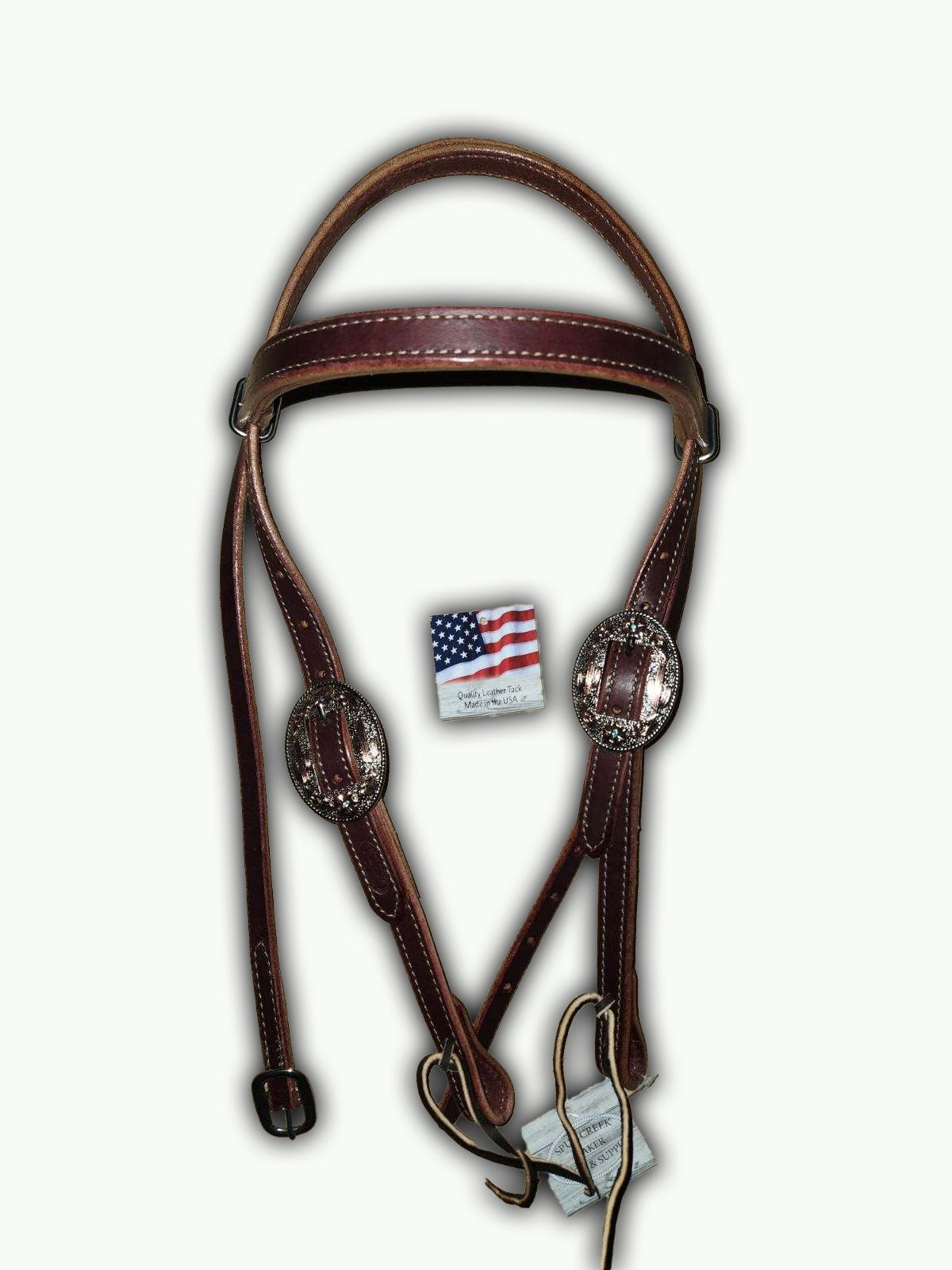 BB014-1_Brow Band Headstall Chestnut Leather Desert Cactus Buckle Nickle Color Oval Buckle with Copper and Blue Accents