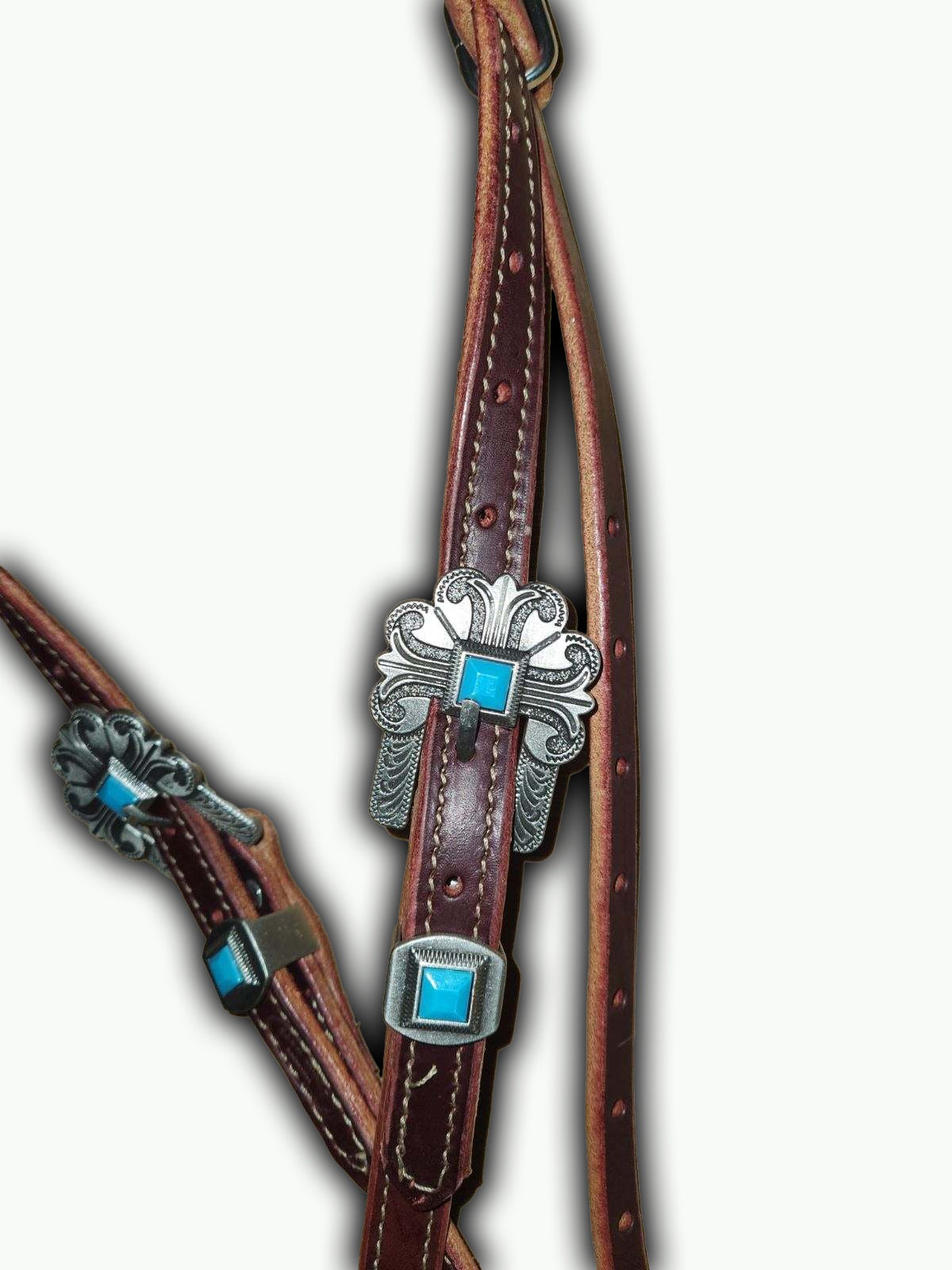 BB004-1_Brow Band Headstall Chestnut Leather Durango Pewter Color Buckle with Keeper and Turquoise Accent Stones