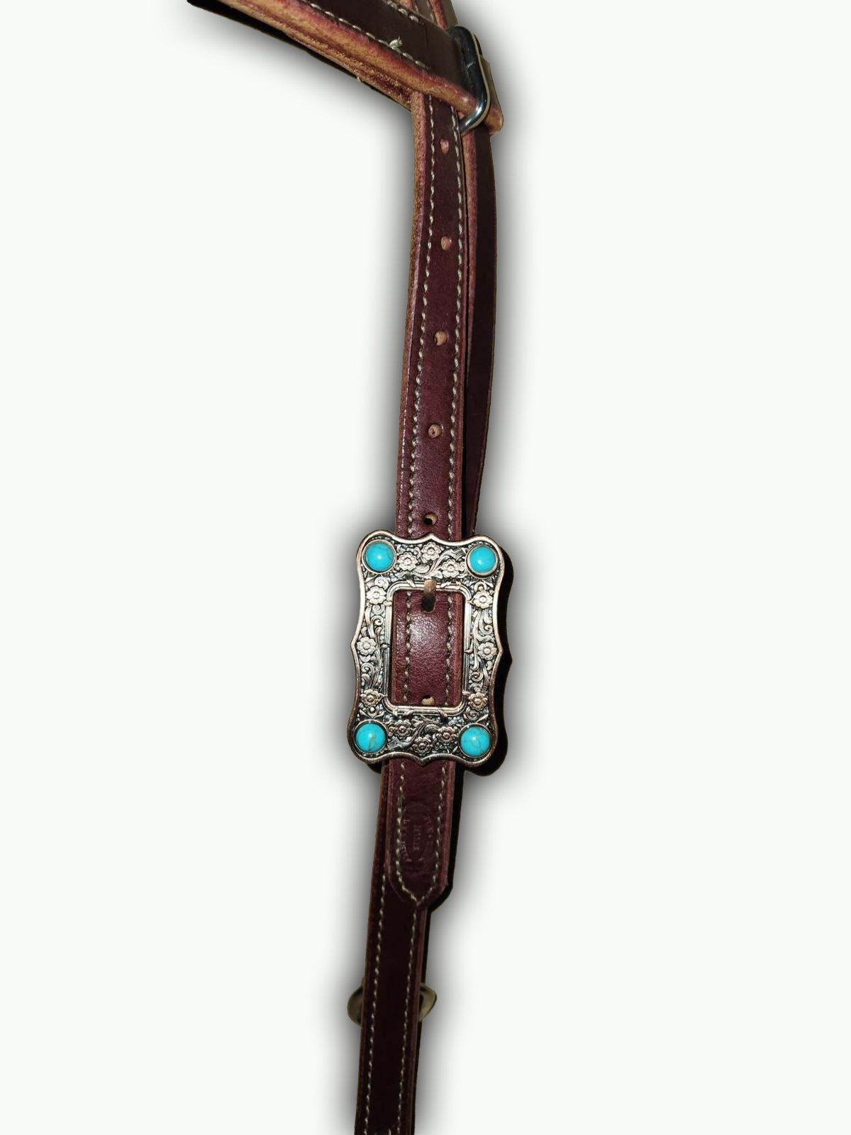 BB011-1_Brow Band Headstall Chestnut Leather Large Copper Color Buckle with Turquoise Color Stone Accents