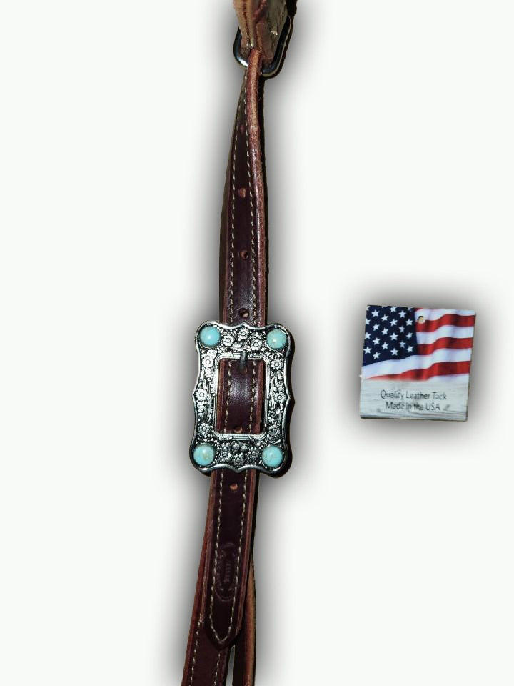 BB010-1_Brow Band Headstall Chestnut Leather Large Nickle Color Buckle with Turquoise Color Stone Accents