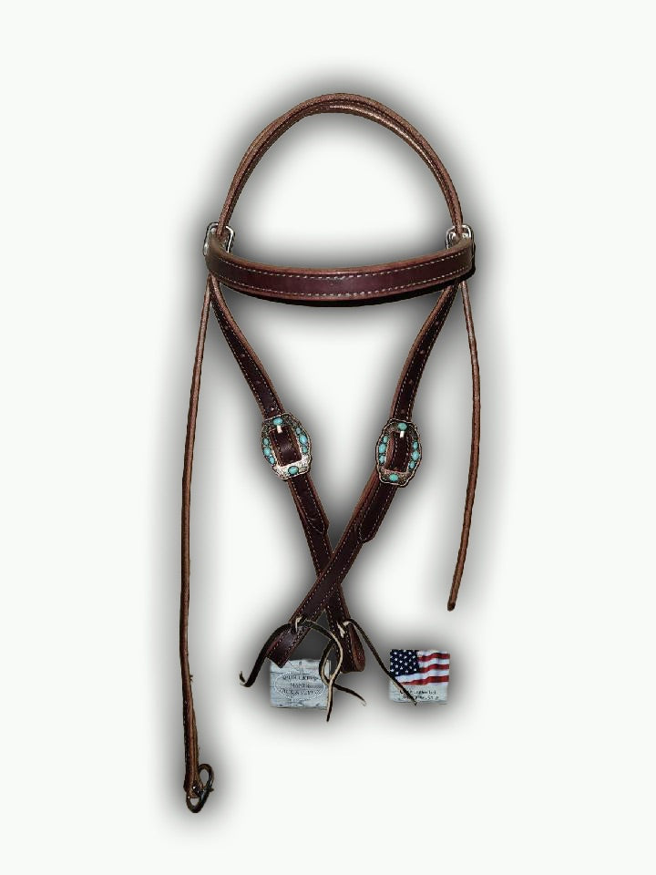 BB006-1_Brow Band Headstall Chestnut Leather Navajo Rope Edge Copper Color Buckle with Turquoise Color Accent Stones