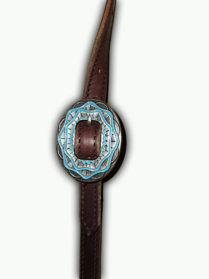 DB062-2_Double Buckle One Ear Headstalls Chocolate Leather Aztec Oval Buckle with Turquoise Color Inlay