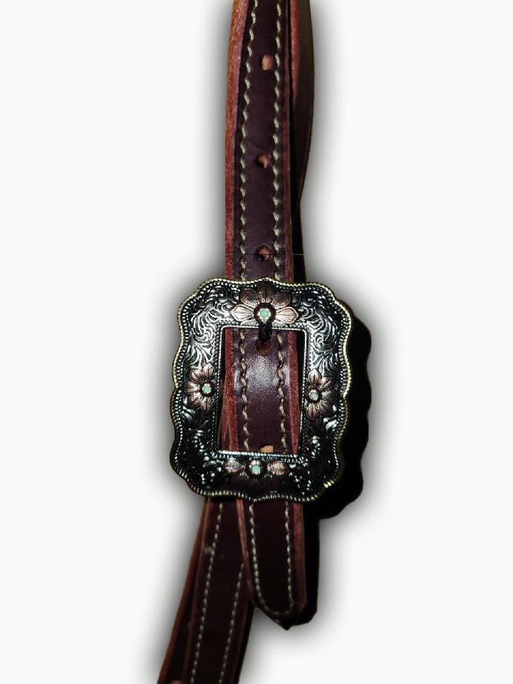 BB012-1_Brow Band Headstall Chestnut Leather Western Rose Buckle with Gold Rope Edge with Copper Accents