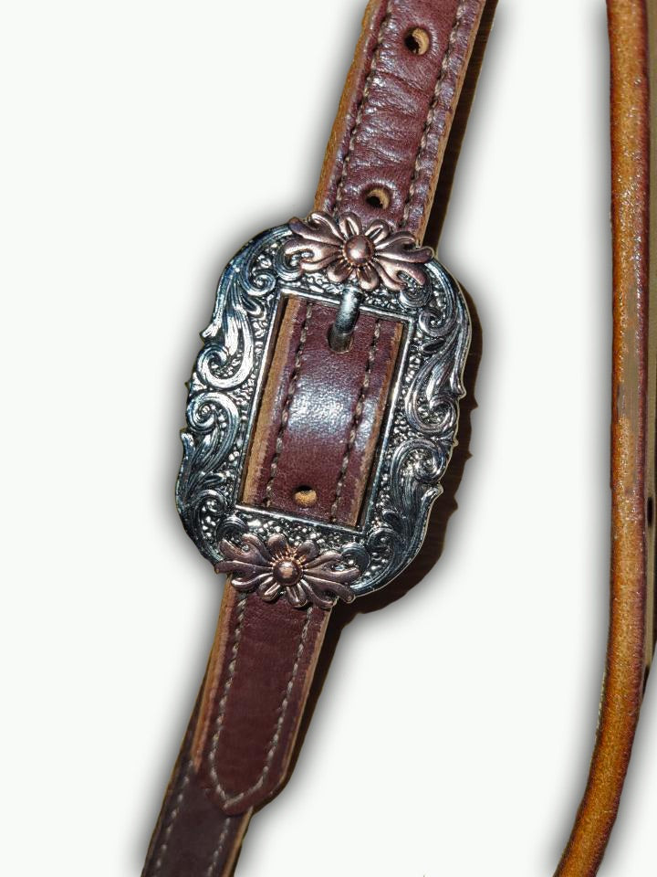 BB001-2_Brow Band Headstall Chocolate Color Leather Oval Floral Buckles with Copper Accents