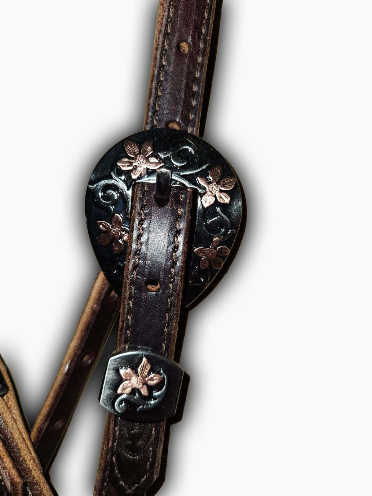 BB002-2_Brow Band Headstall Chocolate Color Prairie Floral Buckle with Keeper with Copper Accents