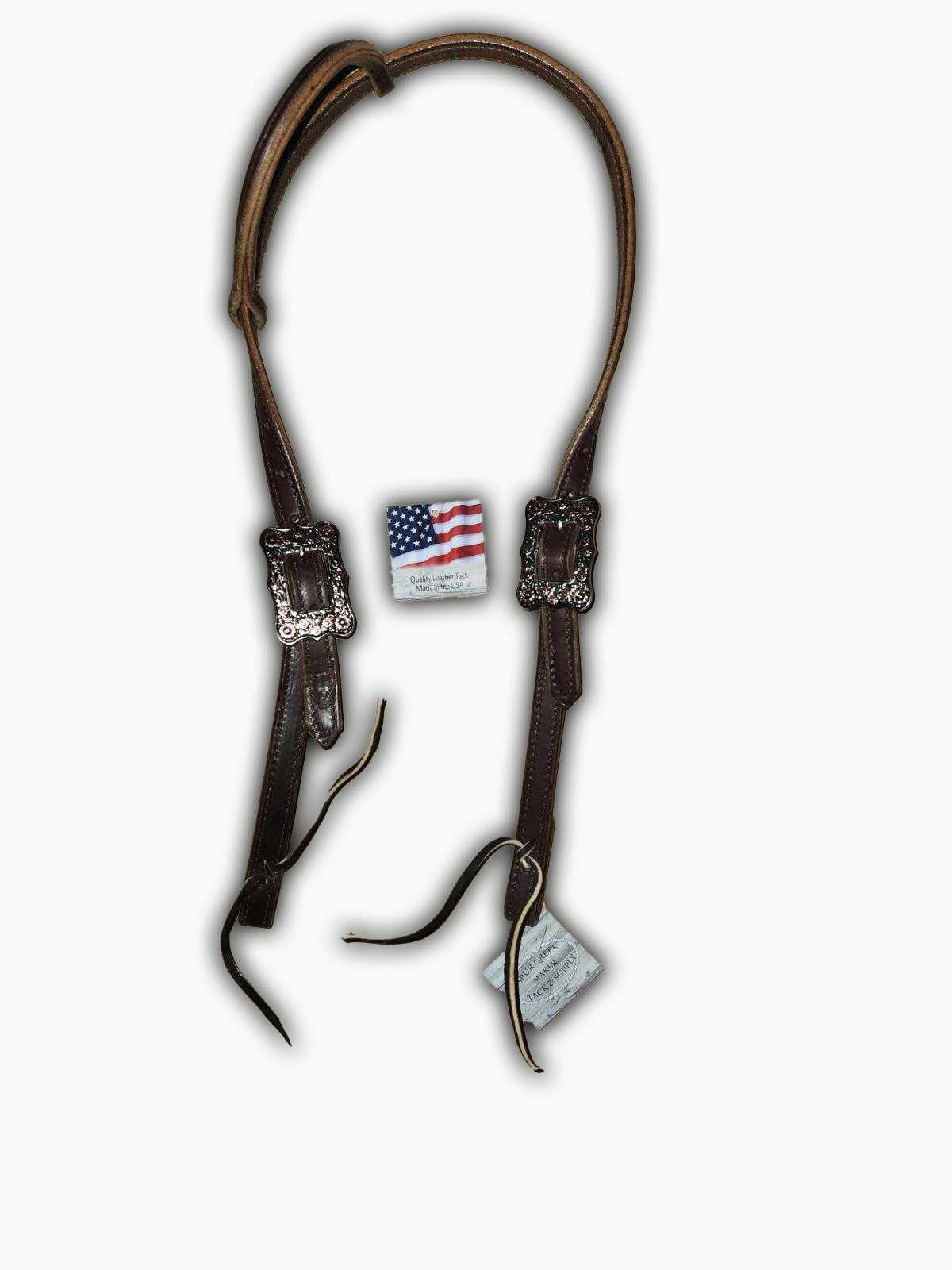 DB054-2 _Double Buckle One Ear Headstalls Chocolate Leather Frontier Buckle with Floral Copper Accents