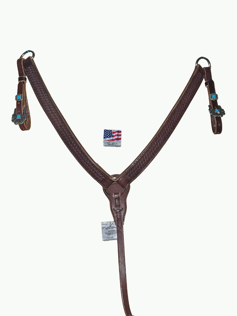 BC223-4_Breast Collar Durango Pewter Color Buckle With Keeper With Turquoise Accent Stones on Basket Stamp Chocolate Leather