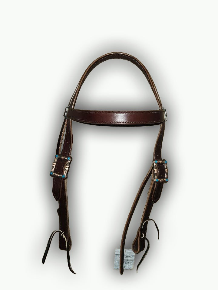 BB020-2_Brow Band Headstall Chocolate Leather 1 Inch Wide Mohave Copper Plated Buckle with Turquoise Color Stone Accents