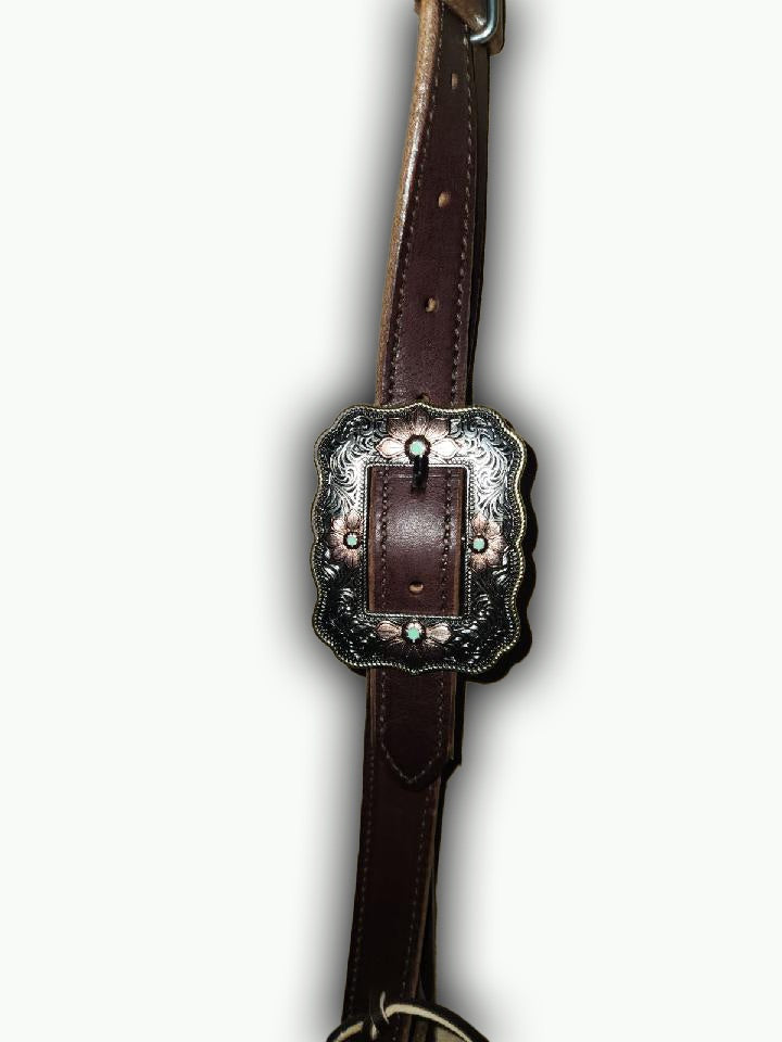 BB019-2_Brow Band Headstall Chocolate Leather 1 Inch Wide Western Rose Buckle with Gold Rope Edge and Copper Color Accents