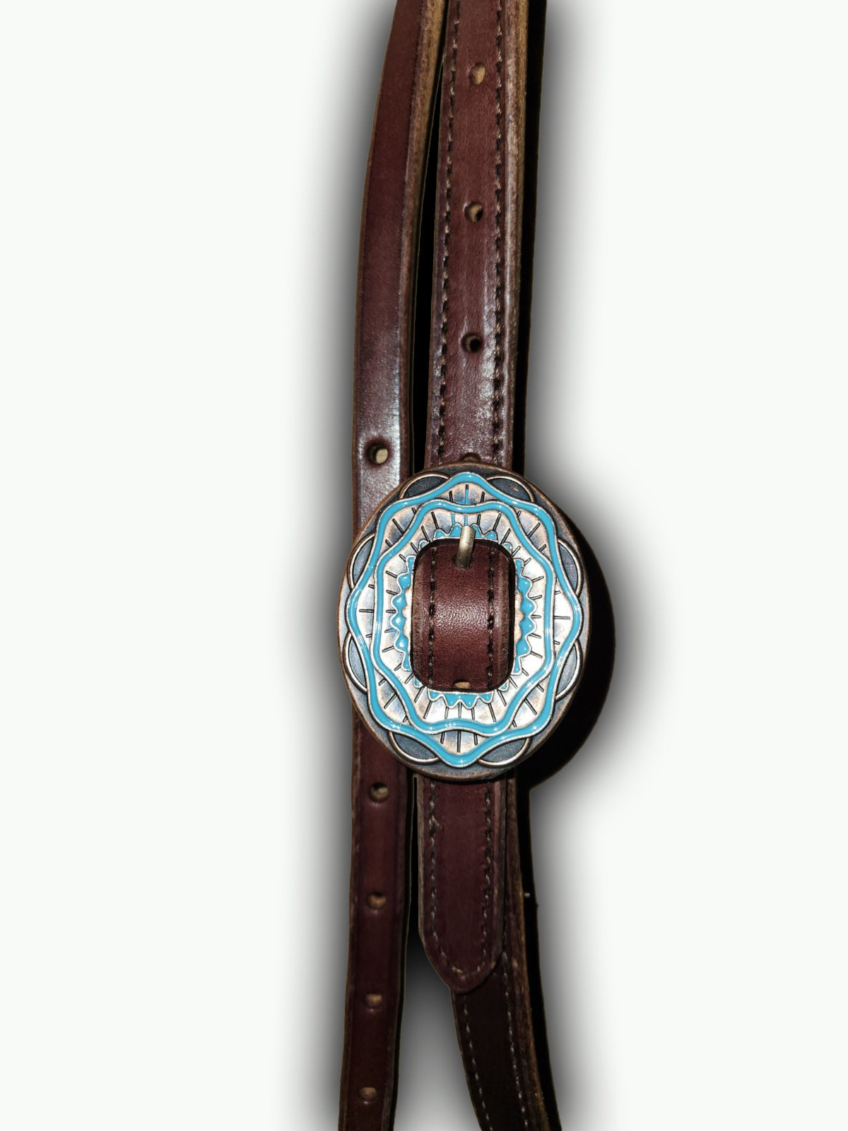 BB013-2_Brow Band Headstall Chocolate Leather Aztec Oval Copper Color Buckle with Turquoise Color Inlay