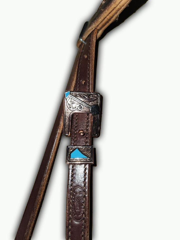 BB008-2_Brow Band Headstall Chocolate Leather Cherokee Copper Color Arrow Buckle with Keeper with Turquoise Color Accents