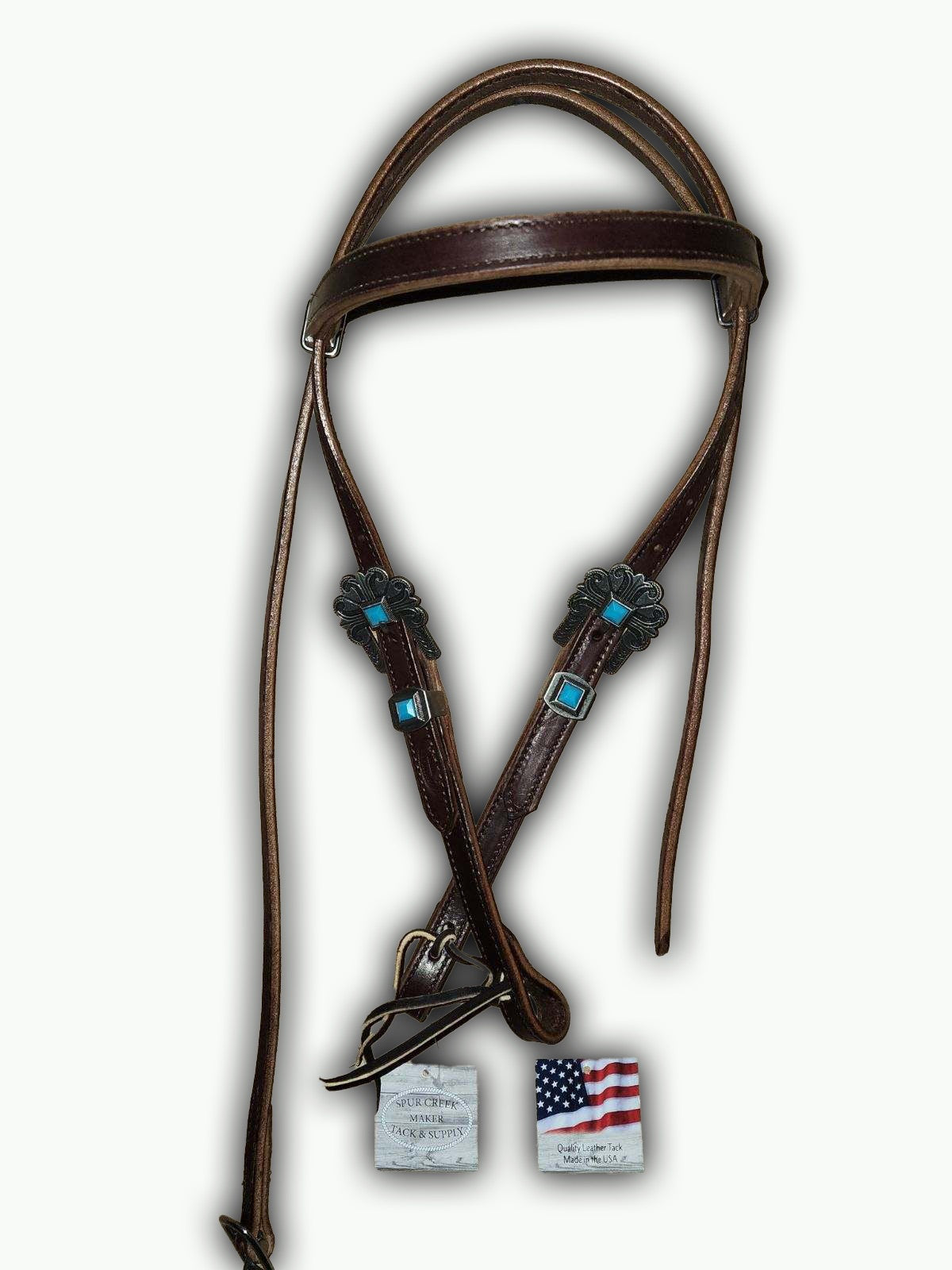 BB004-2_Brow Band Headstall Chocolate Leather Durango Pewter Color Buckle with Keeper and Turquoise Accent Stones