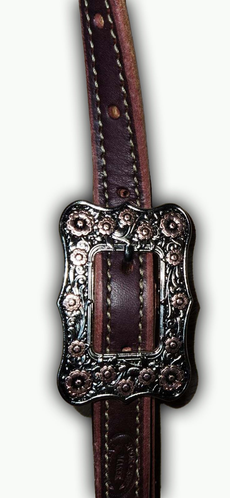 BB_Brow Band Headstall Chocolate Leather Frontier Buckle with Floral Copper Accents