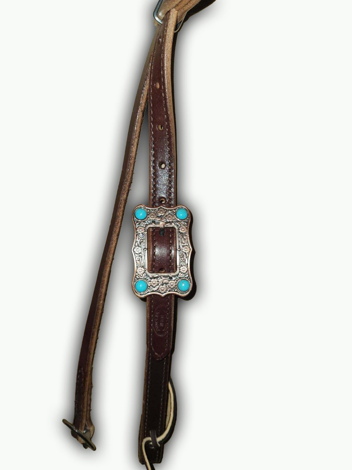 BB011-2_Brow Band Headstall Chocolate Leather Large Copper Color Buckle with Turquoise Color Stone Accents