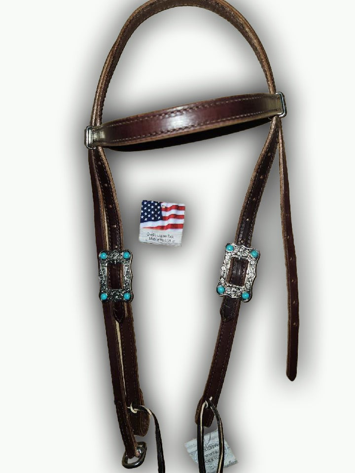 BB010-2_Brow Band Headstall Chocolate Leather Large Nickle Color Buckle with Turquoise Color Stone Accents