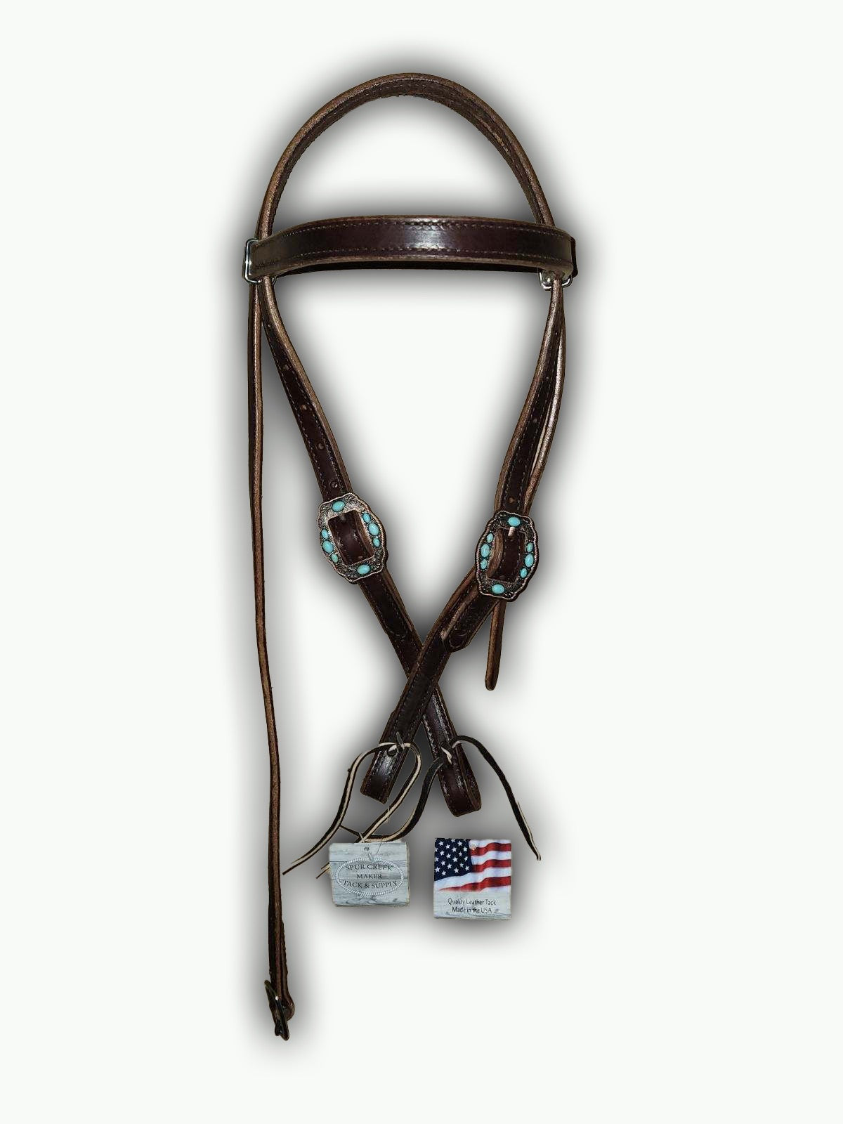 BB006-2_Brow Band Headstall Chocolate Leather Navajo Rope Edge Copper Color Buckle with Turquoise Color Accent Stones