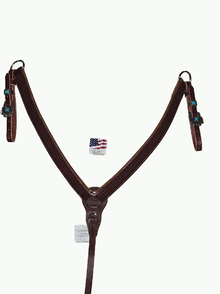 BC223-2_Breast Collar Durango Pewter Color Buckle With Keeper With Turquoise Accent Stones on Basket Stamp Chestnut Leather