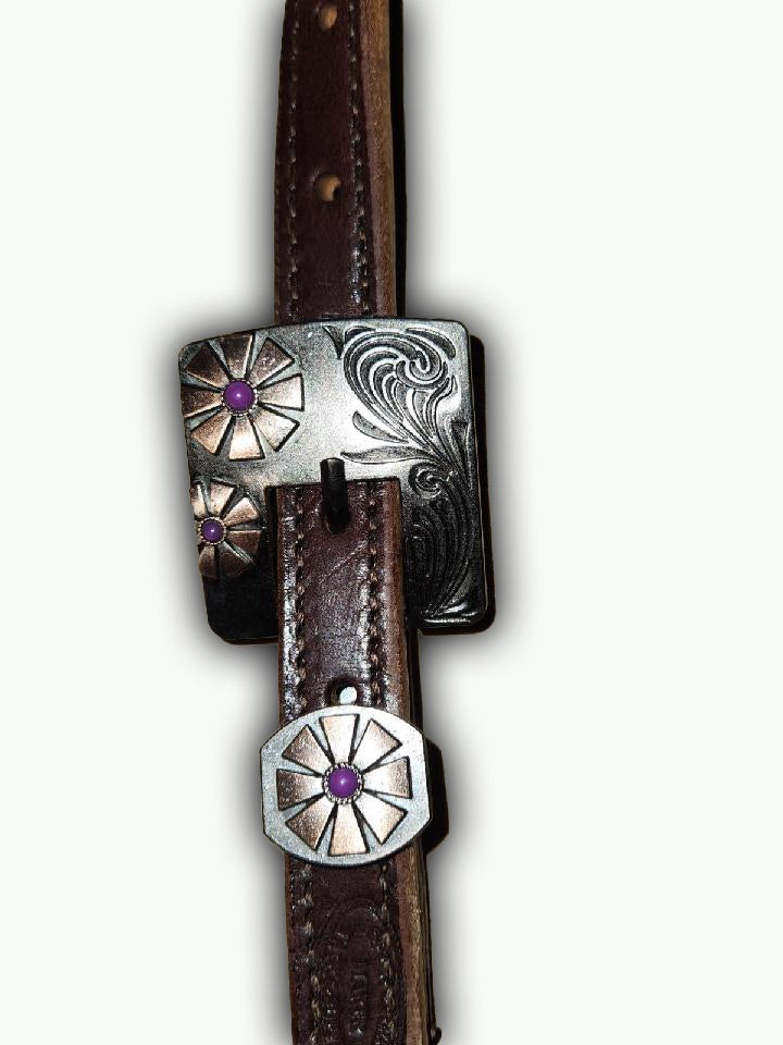 BB007-2_Brow Band Headstall Chocolate Leather Purple Daisy Square Buckle with Keeper with Purple Accent Stones