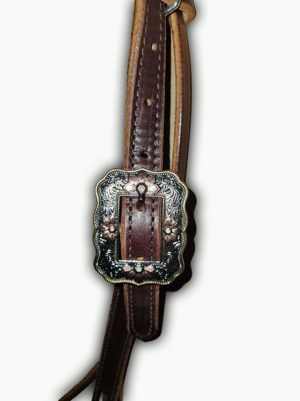 BB012-2_Brow Band Headstall Chocolate Leather Western Rose Buckle with Gold Rope Edge with Copper Accents