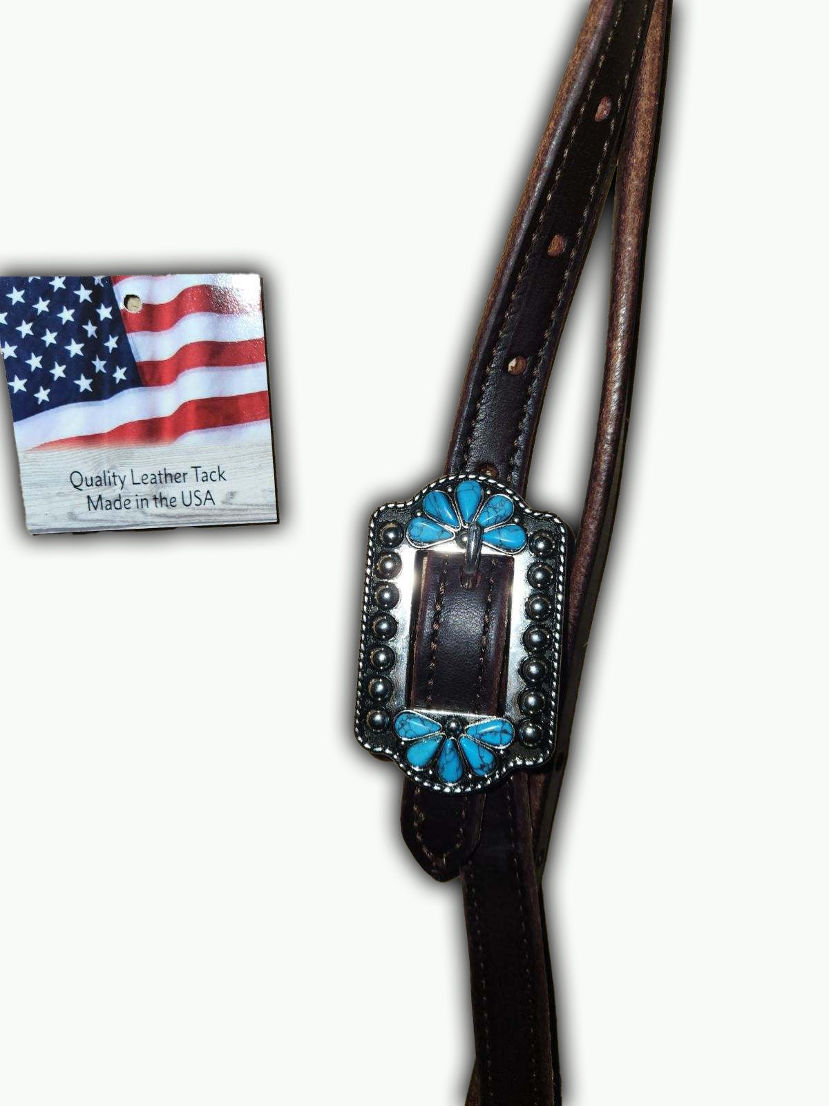 BB015_Brow Band Headstall Mahogany Leather Turquoise Burst Buckle