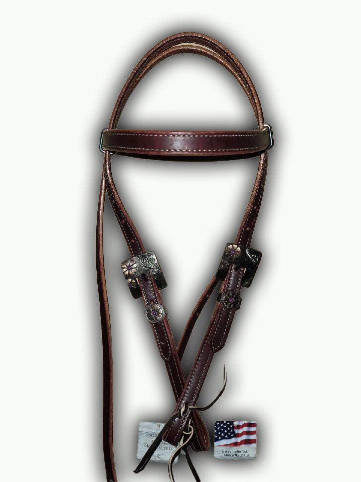 BB007-1_Brow Band Headstall Purple Daisy Square Buckle with Keeper with Purple Accent Stones