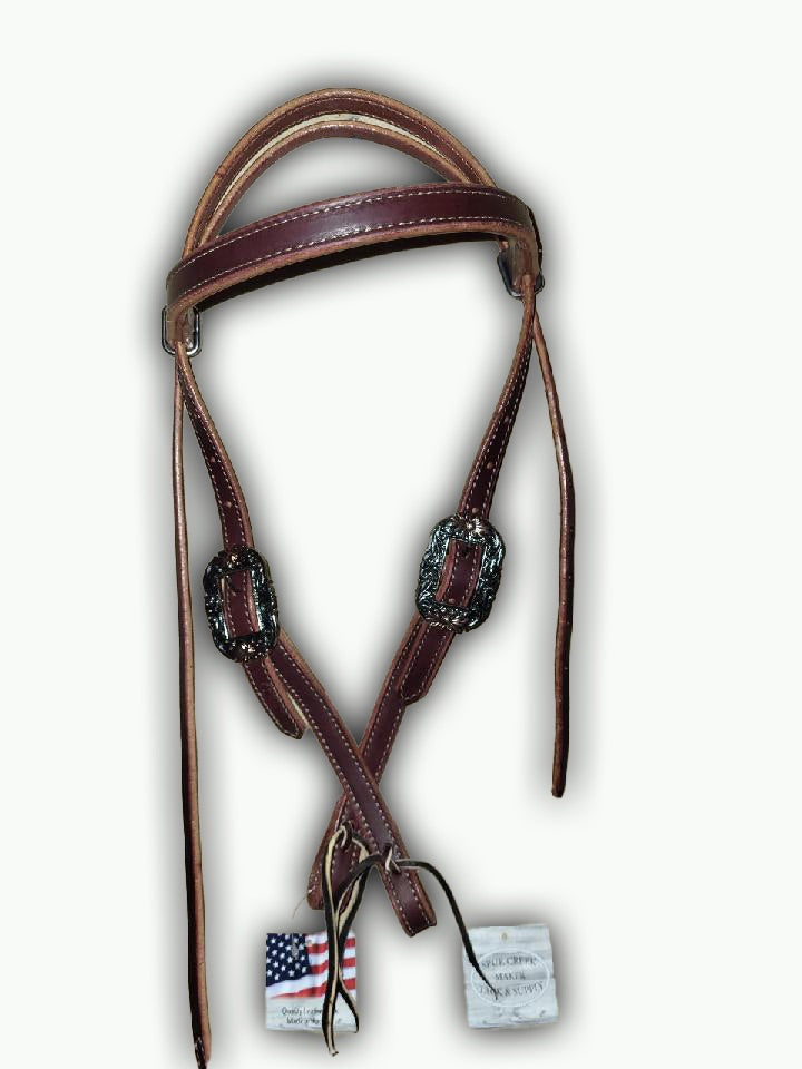 BB001-1_Brow Band Headstalls Chestnut Color Leather Oval Floral Buckles with Copper Accents