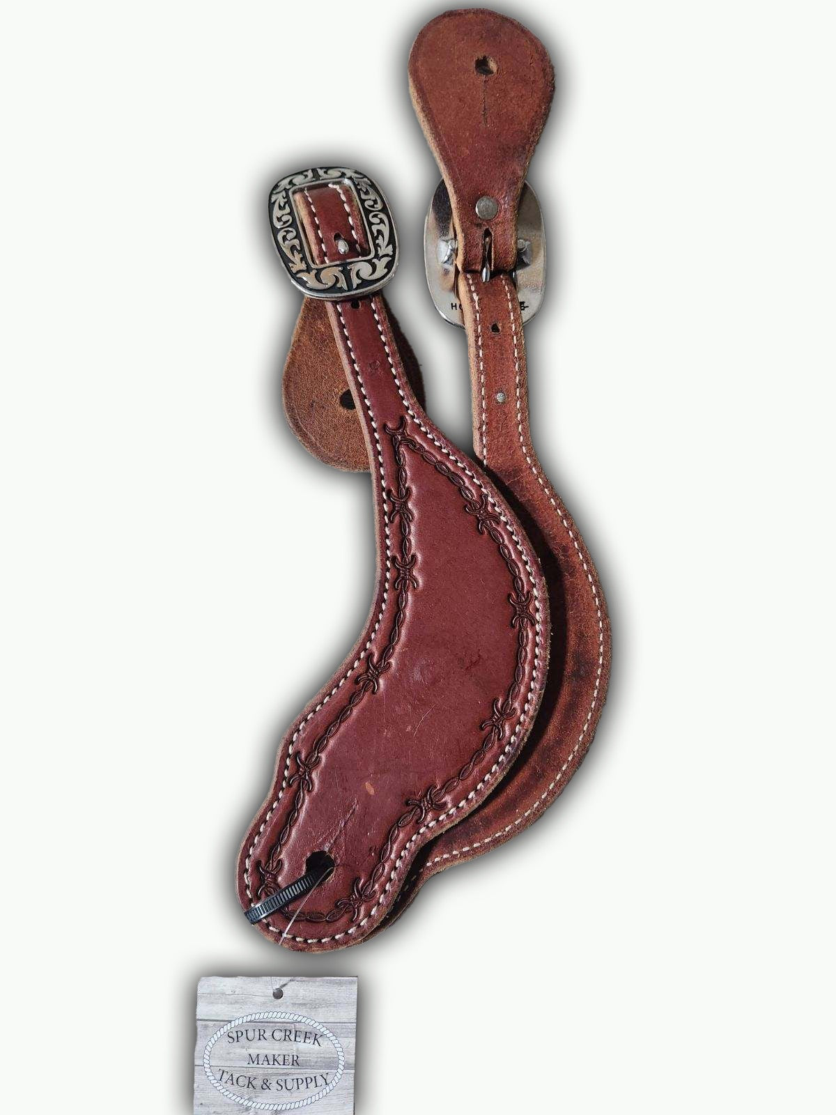 ST301-2_Chestnut Leather Barbwire Stamp With Horse Shoe Brand Buckles Mens Spur Straps