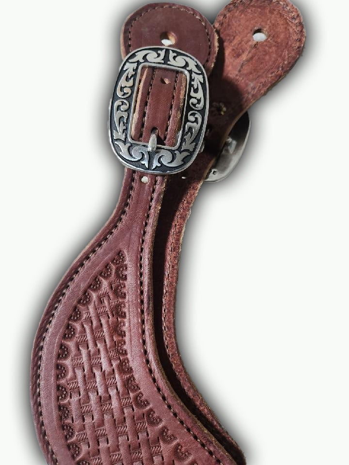 ST302-2_Chestnut Leather Basket Stamp With Horse Shoe Brand Buckles Mens Spur Straps