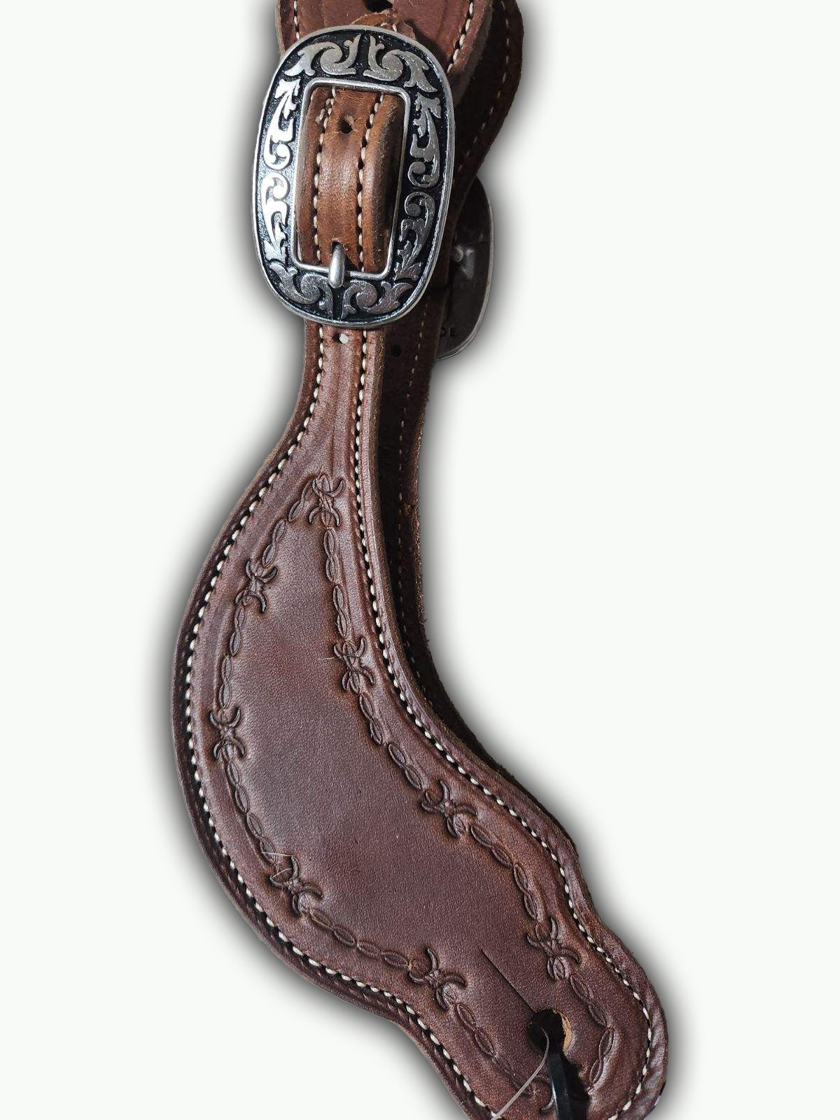 ST301-1_Chocolate Leather Barbwire Stamp With Horse Shoe Brand Buckles Mens Spur Straps